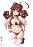  1girl ahoge animal_ears animal_hands bare_shoulders bear_ears bikini blush breasts brown_eyes brown_hair collarbone cropped_legs ebifurya fang gloves hair_intakes hands_up highres kantai_collection kuma_(kancolle) long_hair looking_at_viewer navel one-hour_drawing_challenge open_mouth paw_gloves paw_shoes side-tie_bikini_bottom simple_background small_breasts solo standing standing_on_one_leg stomach string_bikini swimsuit thigh_gap thighhighs thighs twitter_username very_long_hair white_background white_thighhighs 