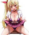  1girl :d bikini bikini_under_clothes black_choker blonde_hair blunt_bangs blush breasts chair choker cleavage clothes_lift collarbone commentary_request cowboy_shot festa11307070 furrowed_brow hair_ornament heterochromia highres hoshikawa_sara large_breasts lifted_by_self long_hair looking_at_viewer navel nijisanji open_clothes open_mouth open_shirt paid_reward_available pink_skirt pleated_skirt purple_bikini red_eyes school_chair shirt side_ponytail signature simple_background sitting sitting_backwards skirt skirt_lift smile solo swimsuit tied_shirt transparent virtual_youtuber white_background white_shirt x_hair_ornament yellow_eyes 