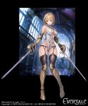  1girl armor ass_visible_through_thighs bdsm blonde_hair breasts cathedral choker cleavage dual_wielding european_architecture evertale harness highres holding lancelot_(evertale) large_breasts looking_at_viewer navel official_art petals pillar sage_joh short_hair solo sword thighhighs weapon window 