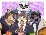  4boys @_@ animal_ears bara bear_boy bear_ears black_fur black_jacket black_tank_top blue_shirt blue_vest borealis_(live_a_hero) brown_fur cat_boy cat_ears closed_eyes dog_boy dog_ears earrings eyewear_on_head facial_hair food forked_eyebrows furry furry_male goatee highres jacket jacket_around_neck jewelry live_a_hero male_focus male_protagonist_(live_a_hero) mallards multiple_boys mutton_chops necktie open_clothes open_jacket open_shirt orange_jacket pendant pink_background plaid plaid_background pocky pocky_day pubraseer_(live_a_hero) purple_fur red_necktie shirt single_earring sunglasses tank_top thick_eyebrows tsuneaki_(live_a_hero) vest white_fur white_shirt white_undershirt 