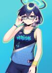 1girl adjusting_eyewear aqua_background basketball_uniform black_hair black_shorts blue_archive chihiro_(blue_archive) collarbone commentary_request flareza glasses green_eyes hair_between_eyes halo highres looking_at_viewer parted_lips short_hair shorts sidelocks simple_background sleeveless smartwatch solo sportswear watch wireless_earphones wristwatch 