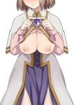  1girl alicia_edelcia blush breasts breasts_out brown_hair cleavage head_out_of_frame highres isekai_ojisan large_breasts morisobo nipples no_bra short_hair simple_background solo white_background 