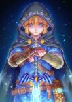  1boy blue_eyes blue_tunic fingerless_gloves gauntlets gloves highres hood kodue55 light_brown_hair link master_sword sheikah_slate sidelocks the_legend_of_zelda the_legend_of_zelda:_breath_of_the_wild 