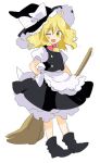  1girl ;d ankle_boots apron arm_at_side black_dress black_footwear black_headwear blonde_hair boots bow broom dress fang frilled_hat frills full_body hair_bow hair_over_shoulder hand_on_own_hip hat hat_bow holding holding_broom kirisame_marisa large_bow long_hair looking_at_viewer machiko_(beard) one_eye_closed open_mouth petticoat pinafore_dress pink_bow puffy_short_sleeves puffy_sleeves short_sleeves simple_background sleeveless sleeveless_dress smile solo standing toes_up touhou waist_apron white_apron white_background witch witch_hat yellow_eyes 