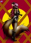  anthro bow_ribbon canid canine clothing colored_nails female fluffy fluffy_tail fox hair hi_res lingerie lipstick long_hair makeup mammal nails newzorra niti_morgan-zorra pawpads purple_hair red_eyes red_fox silver_fox solo tail underwear 