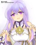  1girl bare_shoulders breasts circlet fire_emblem fire_emblem:_genealogy_of_the_holy_war holding holding_hair julia_(fire_emblem) long_hair looking_at_viewer open_mouth purple_eyes purple_hair simple_background solo yukia_(firstaid0) 