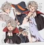  2boys aged_down ahoge alhaitham_(genshin_impact) animal_ears aqua_eyes aqua_hair ascot blonde_hair cape child cloak fake_animal_ears genshin_impact grey_background grey_hair halloween_costume hat kaveh_(genshin_impact) male_focus multicolored_hair multiple_boys translation_request twitter_username vampire white_ascot witch witch_hat yzwn89 