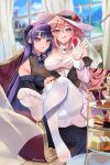  2girls :p alternate_costume bare_shoulders black_dress black_nails breasts cake dress food foreshortening genshin_impact gloves heart highres holding holding_heart lemon_t long_hair long_sleeves medium_breasts multiple_girls pantyhose pink_hair presenting_foot purple_eyes purple_hair raiden_shogun sitting sitting_on_person soles toes tongue tongue_out very_long_hair white_dress white_gloves white_headwear white_pantyhose yae_miko 