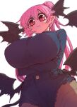  1girl bat_wings black_wings breasts commentary_request crossed_arms from_below head_wings highres huge_breasts light_blush long_hair looking_at_viewer low_wings multiple_wings pink_hair pointy_ears ponytail pout shorts slit_pupils solo sumire_(yakunitatsu_node_chi_o_kudasai) thighhighs vampire white_background wings yakunitatsu_node_chi_o_kudasai zyugoya 