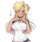  1girl black_panties blonde_hair blush breasts dark-skinned_female dark_skin eyes_visible_through_hair glasses green_eyes hair_bun hair_over_one_eye hands_up heart heart_hands impossible_clothes long_hair looking_at_viewer medium_breasts mole mole_under_eye open_mouth original panties parted_bangs pmoufu round_eyewear shirt short_sleeves simple_background smile solo translation_request underwear upper_body white_background white_shirt 