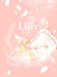  1girl blonde_hair dress english_text hat highres itomugi-kun lily_white long_hair long_sleeves looking_at_viewer looking_to_the_side open_mouth petals pink_background profile shoes solo touhou white_dress white_footwear white_headwear wide_sleeves yellow_eyes 