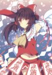  1girl arm_up armpits blurry blurry_foreground bow brown_eyes brown_hair closed_mouth detached_sleeves frilled_bow frills hair_bow hakurei_reimu highres long_hair looking_at_viewer navel nayozane_(worker7) neckerchief nontraditional_miko ofuda red_bow red_shirt red_skirt sailor_collar sarashi shirt sidelocks skirt solo stomach touhou white_sleeves yellow_neckerchief yin_yang 
