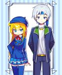  1boy 1girl :3 absurdres alternate_costume black_pants blonde_hair blue_eyes blue_headwear blue_skirt blue_thighhighs blush closed_mouth expressionless grey_hair highres long_hair long_sleeves looking_at_viewer offbeat pants pleated_skirt puyopuyo schezo_wegey short_hair skirt smile thighhighs witch_(puyopuyo) 