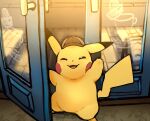  2023 ambiguous_gender clothing detective_pikachu detective_pikachu_(video_game) dipstick_ears door doorway dorobo_39 eyes_closed generation_1_pokemon happy hat hat_only headgear headgear_only headwear headwear_only hi_res mostly_nude multicolored_ears nintendo open_mouth open_smile pikachu pokemon pokemon_(species) semi-anthro smile solo yellow_body 