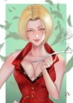  1girl absurdres arialla_draws benedikta_harman blonde_hair bra breasts business_suit cleavage dress feathers final_fantasy final_fantasy_xvi green_background highres holding lace-trimmed_bra lace_trim large_breasts looking_at_viewer red_dress short_hair simple_background smoking smoking_pipe solo standing suit underwear upper_body 