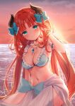  1girl absurdres beach belly bikini blue_bow blue_eyes bow breasts closed_mouth fake_horns genshin_impact highres horns ineka_ka jewelry long_hair medium_breasts navel nilou_(genshin_impact) ocean red_hair smile solo stomach sunset swimsuit veil 