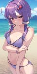  1girl ahoge b.c beach bikini blue_sky blush bracelet breasts cloud commentary cowboy_shot day embarrassed hair_ornament hand_on_own_arm highres jewelry looking_at_viewer navel outdoors purple_bikini purple_eyes purple_hair purple_nails short_hair_with_long_locks sky small_breasts solo swimsuit vocaloid voiceroid water yuzuki_yukari 