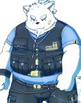 2023 anthro band-aid bandage belly black_nose bottomwear bulge canid canine canis clothing domestic_dog fur hi_res humanoid_hands kemono lifewonders live_a_hero male mammal overweight overweight_male pants simple_background solo white_body white_fur xzk yohack 