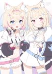  2girls :3 absurdres animal_ear_fluff animal_ears belt belt_collar black_collar blonde_hair blue_belt blue_eyes blue_hair breasts chain cleavage closed_mouth collar cropped_shirt dog_ears dog_girl fang flat_chest fur-trimmed_jacket fur_trim fuwawa_abyssgard hair_ornament hairpin highres hololive hololive_english jacket large_breasts long_hair looking_at_viewer medium_hair midriff mococo_abyssgard multicolored_hair multiple_girls navel open_mouth pink_belt pink_eyes pink_hair ri_nyahn shirt short_shorts shorts siblings sisters skin_fang skirt skirt_set smile streaked_hair virtual_youtuber white_shirt white_shorts white_skirt x_hair_ornament 