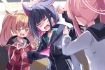  3girls :d acchii_(akina) animal_ears black_choker black_hair black_jacket blue_archive blurry blush brown_eyes cat_ears cat_girl choker collarbone commentary_request depth_of_field extra_ears hair_between_eyes hair_ornament hairclip halo highres hood hooded_jacket indoors jacket kazusa_(blue_archive) long_hair long_sleeves multiple_girls natsu_(blue_archive) orange_hair panicking pendant_choker pink_hair pleated_skirt prank red_jacket school_uniform serafuku short_hair side_ponytail sidelocks skirt smile smirk sweat sweatdrop sweater_jacket sweating_profusely twintails white_skirt yoshimi_(blue_archive) 