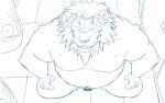  2023 anthro barely_visible_genitalia barely_visible_penis bathroom belly big_belly blush censored detailed_background felid genitals humanoid_hands kemono lion male mammal moobs nipples oogamikennta overweight overweight_male pantherine penis small_penis solo 