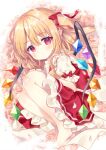  1girl bare_legs barefoot blonde_hair bow closed_mouth crystal dot_mouth dot_nose flandre_scarlet floral_background flower frilled_shirt_collar frilled_skirt frilled_sleeves frills full_body hair_between_eyes hair_bow looking_at_viewer medium_hair mimi_(mimi_puru) multicolored_wings no_headwear one_side_up pink_background pink_flower pink_rose pointy_ears puffy_short_sleeves puffy_sleeves red_bow red_eyes red_skirt red_vest rose rose_background shirt short_sleeves skirt skirt_set solo touhou vest white_shirt wings 