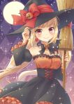  1girl animal_on_shoulder argyle argyle_background blonde_hair blush bow breasts brooch broom cat choker cleavage corset dangle_earrings detached_sleeves dress earrings frilled_dress frilled_sleeves frills full_moon hair_ornament halloween hat hat_bow hat_ribbon holding holding_broom ibuki_ena jack-o&#039;-lantern jack-o&#039;-lantern_hat_ornament jewelry long_hair long_sleeves looking_at_viewer low_twintails medium_breasts moon nail_polish original red_eyes ribbon ribbon_choker smile solo sparkle twintails very_long_hair witch witch_hat 
