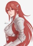  1girl armor armored_dress artist_name breastplate cm_lynarc commentary cordelia_(fire_emblem) dress english_commentary fire_emblem fire_emblem_awakening grin hair_between_eyes hair_ornament highres lips long_hair looking_at_viewer parted_lips pauldrons pink_lips red_dress red_eyes red_hair shoulder_armor signature simple_background smile solo very_long_hair white_background wing_hair_ornament 