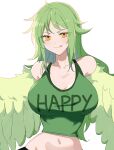  1girl :q absurdres clothes_writing copyright_request crop_top green_hair green_shirt harpy highres long_hair looking_at_viewer messy_hair midriff monster_girl navel orange_eyes shirt simple_background solo sori_6403 tongue tongue_out white_background winged_arms wings 