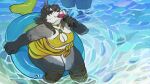  alcohol anthro bear beverage bikini black_nose blizzard_entertainment chopsticks_in_hair clothing cocktail feet_in_water female fish floatie fur fur_markings grey_body hi_res inflatable juuliska_(skarphedinn) leg_strap looking_at_viewer mammal marine markings pandaren purple_eyes sarong scar smile smiling_at_viewer solo_focus spots spotted_markings swimwear warcraft water wet wet_body white_body white_fur yellow_clothing zimabel 