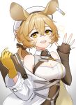  1girl :d absurdres animal_ears arknights asymmetrical_gloves bare_shoulders black_gloves blonde_hair blush breasts cleavage cleavage_cutout clipboard clothing_cutout dorothy_(arknights) fingerless_gloves gloves hair_intakes hat highres holding holding_clipboard k@bu long_hair long_sleeves looking_at_viewer low_ponytail medium_breasts mismatched_gloves mouse_ears open_mouth simple_background single_fingerless_glove smile solo teeth underbust upper_body upper_teeth_only waving white_background white_headwear wing_collar yellow_eyes yellow_gloves 
