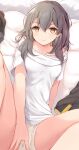  bed_sheet blush breasts cameltoe from_above grey_hair hand_on_own_crotch highres honkai:_star_rail honkai_(series) komone_ushio long_hair looking_at_viewer lying medium_breasts on_back shirt shorts smile solo spread_legs stelle_(honkai:_star_rail) trailblazer_(honkai:_star_rail) white_shirt yellow_eyes yellow_shorts 
