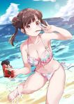  1girl beach bikini blush breasts brown_hair cleavage cloud cloudy_sky collarbone double_bun eating food front-tie_bikini_top front-tie_top hair_bun highres holding holding_food idolmaster idolmaster_shiny_colors large_breasts long_hair looking_at_viewer navel o-ring o-ring_bikini ocean pink_bikini pocky red_eyes side-tie_bikini_bottom sky smile solo sonoda_chiyoko standing standing_on_one_leg star_(symbol) star_print sunlight swimsuit twintails wet yuuki_(nijiiro_palette) 