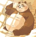  2023 anthro bear belly big_belly black_body black_nose blush crave_saga detailed_background garouzuki giant_panda hi_res kemono lying male mammal navel nipples overweight overweight_male shaoren_(crave_saga) solo white_body 