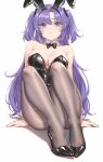  1girl animal_ears black_leotard blue_archive blush closed_mouth convenient_leg fake_animal_ears fangxiang_cuoluan highres leotard long_hair pantyhose playboy_bunny purple_eyes purple_hair simple_background solo white_background yuuka_(blue_archive) 
