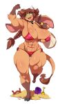  5_fingers abs absurd_res anthro arthropod big_breasts bikini bovid bovine braided_hair breasts brown_body brown_fur brown_hair brown_tail butt_from_the_front cattle chalo clothed clothing crab crustacean curvy_figure decapoda female fingers floppy_ears fur green_eyes hair hi_res hooves horn huge_breasts humanoid_face las_lindas long_ears long_hair malacostracan mammal marine mora_linda muscular muscular_anthro muscular_female nipple_outline open_mouth simple_background solo swimwear tail thick_thighs voluptuous webcomic webcomic_character white_background wide_hips 