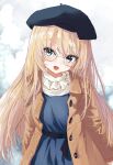  1girl absurdres beret bespectacled black_headwear blonde_hair blue_dress blue_eyes blush brown_coat buttons coat dress glasses hat highres jervis_(kancolle) kantai_collection long_hair long_sleeves open_clothes open_coat open_mouth solo upper_body yamamori_oyatsu 