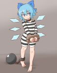  1girl alternate_costume ball_and_chain_restraint barefoot blue_bow blue_eyes blue_hair blush bow cirno closed_mouth commentary_request commission full_body furrowed_brow grey_background hair_between_eyes ice ice_wings mizusoba petite prison_clothes romper simple_background skeb_commission solo toes touhou v_arms walking wings 