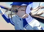  1girl absurdres baseball_bat baseball_helmet baseball_uniform black_border blonde_hair blue_headwear border character_request check_character check_copyright closed_eyes closed_mouth copyright_request dappled_sunlight eyepatch floating_hair gloves helmet highres holding holding_baseball_bat michikake16 nijisanji outdoors shirt sidelocks sister_cleaire smile solo sportswear sunlight upper_body white_gloves white_shirt 