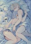  1boy 1girl 2021 aim0309 artist_name ass bare_shoulders barefoot bed_sheet blanket blonde_hair blue_hair blue_pajamas blush closed_eyes couple creature cuddling dated grey_hair hair_ribbon hug light_particles lying medium_hair night on_bed on_side one_side_up original pajamas pillow pointy_ears ribbon short_hair sleeping sleeveless under_covers 