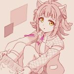  1girl :o ahoge animal_ears blunt_bangs blunt_ends cat_ears clothing_cutout commentary_request drawing greyscale growth170 hair_ribbon holding holding_paper jacket leg_warmers long_sleeves looking_at_viewer love_live! love_live!_nijigasaki_high_school_idol_club lowres medium_hair monochrome paper partially_colored ribbon rina-chan_board shoulder_cutout sidelocks sitting solo tennouji_rina yellow_eyes 