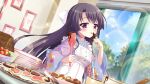  1girl apron baking black_hair blue_kimono blue_sky bow candy chocolate chocolate_bar chocolate_on_hand cloud cookie day dot_nose dutch_angle film_grain floral_print food food_on_hand frilled_apron frills fruit game_cg hair_bow heart-shaped_cookie holding holding_spatula ichikishima_mizuha icing izumi_tsubasu japanese_clothes kimono large_bow lens_flare licking licking_finger looking_at_viewer mixing_bowl non-web_source official_art picture_(object) plate plate_stack print_kimono purple_eyes purple_kimono re:stage! sky solo sparkle spatula straight_hair strawberry tongue tongue_out tree two-tone_kimono white_apron white_bow window window_blinds 