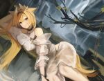  1girl absurdres animal_ear_fluff animal_ears arknights bare_shoulders bare_tree black_hairband blonde_hair brown_eyes calvinlex049 closed_mouth dress dutch_angle feet_out_of_frame hairband highres hip_vent horn_(arknights) long_hair long_sleeves looking_at_viewer lying official_alternate_costume on_side solo tail tree very_long_hair water white_dress wolf_ears wolf_girl wolf_tail 