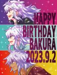  3girls bakura_ryou black_shirt blue_shirt character_name commentary_request dark-skinned_male dark_skin dated grin hair_between_eyes happy_birthday highres long_bangs long_hair looking_afar male_focus multiple_girls open_mouth popped_collar profile red_shirt shiokeee shirt signature smile sparkle touzokuou_bakura white_hair yami_bakura yu-gi-oh! yu-gi-oh!_duel_monsters 