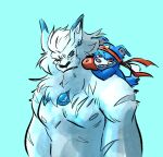  accessory anthro bandai_namco blue_eyes boxing_gloves clothing digimon digimon_(species) duo felid fur gaomon grin handwear headband hi_res iceleomon lion male mammal muscular muscular_anthro muscular_male nipples pantherine pecs protosaru size_difference smile white_body white_fur yellow_eyes 