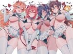  4girls absurdres apron bat_(animal) bikini black_bikini black_panties blue_eyes blue_hair braid breasts brown_hair crow_3434 dark-skinned_male dark_skin demon_girl demon_tail demon_wings diluc_(genshin_impact) genshin_impact highres kaeya_(genshin_impact) large_breasts long_hair low_ponytail micro_bikini multiple_girls orange_eyes orange_hair panties red_eyes red_hair seelie_(genshin_impact) smile swimsuit tail tartaglia_(genshin_impact) teeth thighhighs underwear white_apron white_thighhighs wings zhongli_(genshin_impact) 