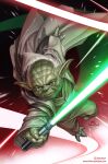  1boy alien balding brown_robe embers energy_sword green_eyes green_lightsaber grey_hair highres holding holding_lightsaber holding_weapon hood hood_down hooded_robe in-hyuk_lee lightsaber pointy_ears robe signature star_wars sword weapon web_address yoda 