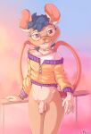  2023 akii_(neko-me) animal_humanoid anthro blue_hair bottomless bracelet clothed clothing collar eyewear flaccid genitals girly glasses hair hi_res humanoid jacket jewelry male mammal mammal_humanoid mouse_humanoid murid murid_humanoid murine murine_humanoid navel navel_piercing neko-me penis piercing red_eyes rodent rodent_humanoid solo topwear 