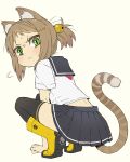  1girl :3 animal_ears boots brown_hair cat_ears cat_girl cat_tail green_eyes highres itou_(onsoku_tassha) original ponytail rubber_boots school_uniform serafuku simple_background solo squatting sweat tail thighhighs 