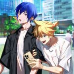  2boys blonde_hair blue_eyes blue_hair blurry blurry_background bright_pupils building hair_between_eyes highres holding holding_another&#039;s_arm holding_phone kagamine_len kaito_(vocaloid) looking_at_another looking_at_phone male_focus multiple_boys nail_polish open_clothes open_mouth open_shirt outdoors phone shirt short_hair sidelighting spiked_hair sunlight tetorutti35 tree upper_body vocaloid white_shirt yellow_nails 